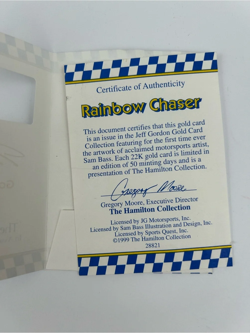 1999 Jeff Gordon Rainbow Chaser 22kt Gold Card Sam Bass Hamilton Collection New